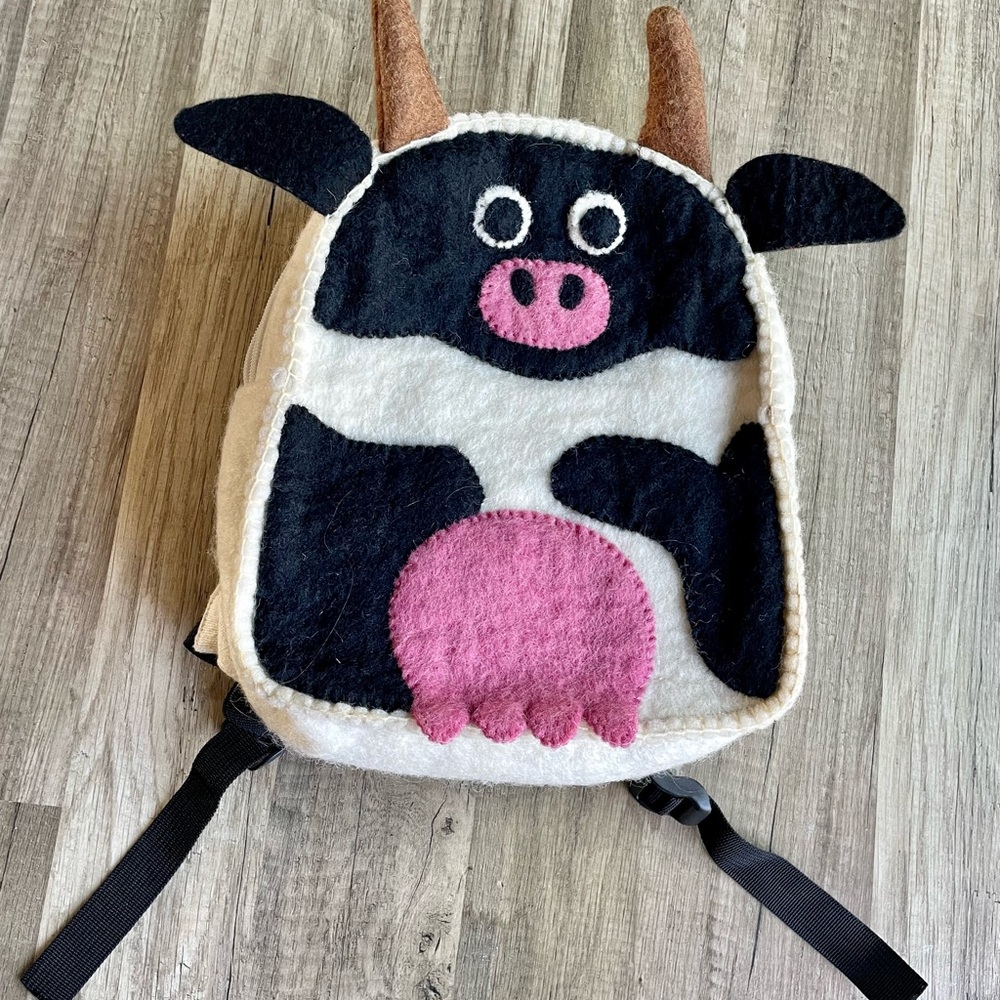 Kids Cow Design Felted Backpack - Black, White, Pink